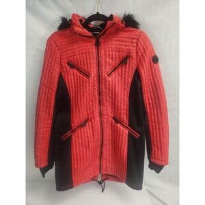 MICHAEL KORS WOMENS RED PUFFER WINTER COAT HOODED FAUX FIR LINING SIZE SMALL